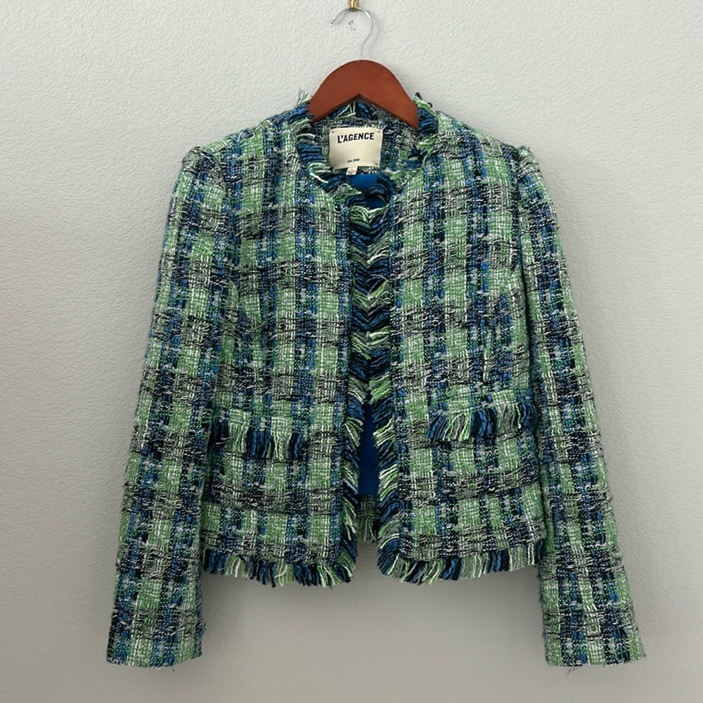 L’AGENCE WOMENS GREEN AND BLUE TWEED JACKET